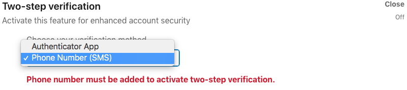 Error showing "phone number must be added" when selecting phone for two-step verification.